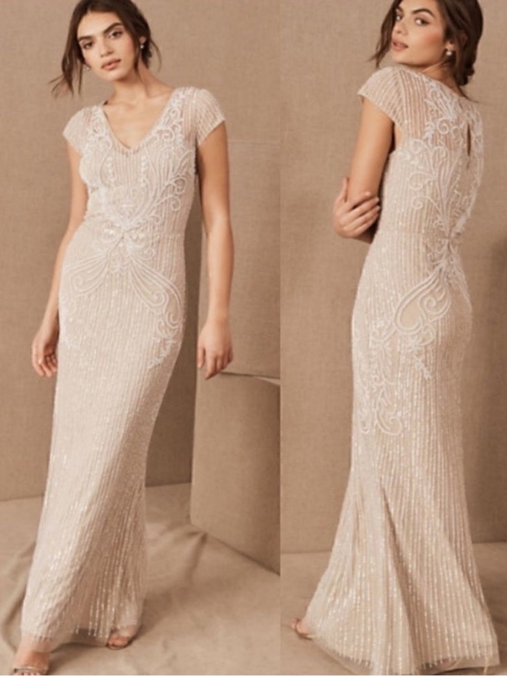 BHLDN Anthro Sanders Beaded Sequin Art Deco Gown Champagne Nude Size 2